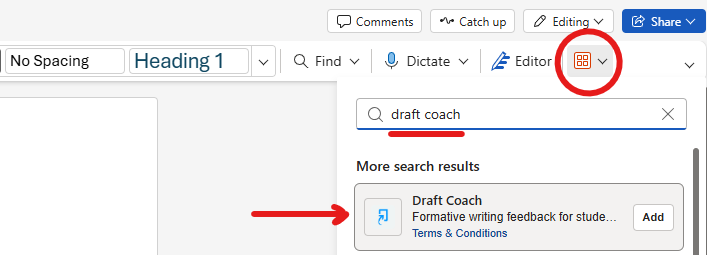 Näyttökuva: Word Onlinen Add-ins -valikko, jossa haettuna ja näkyvissä "Draft Coach"