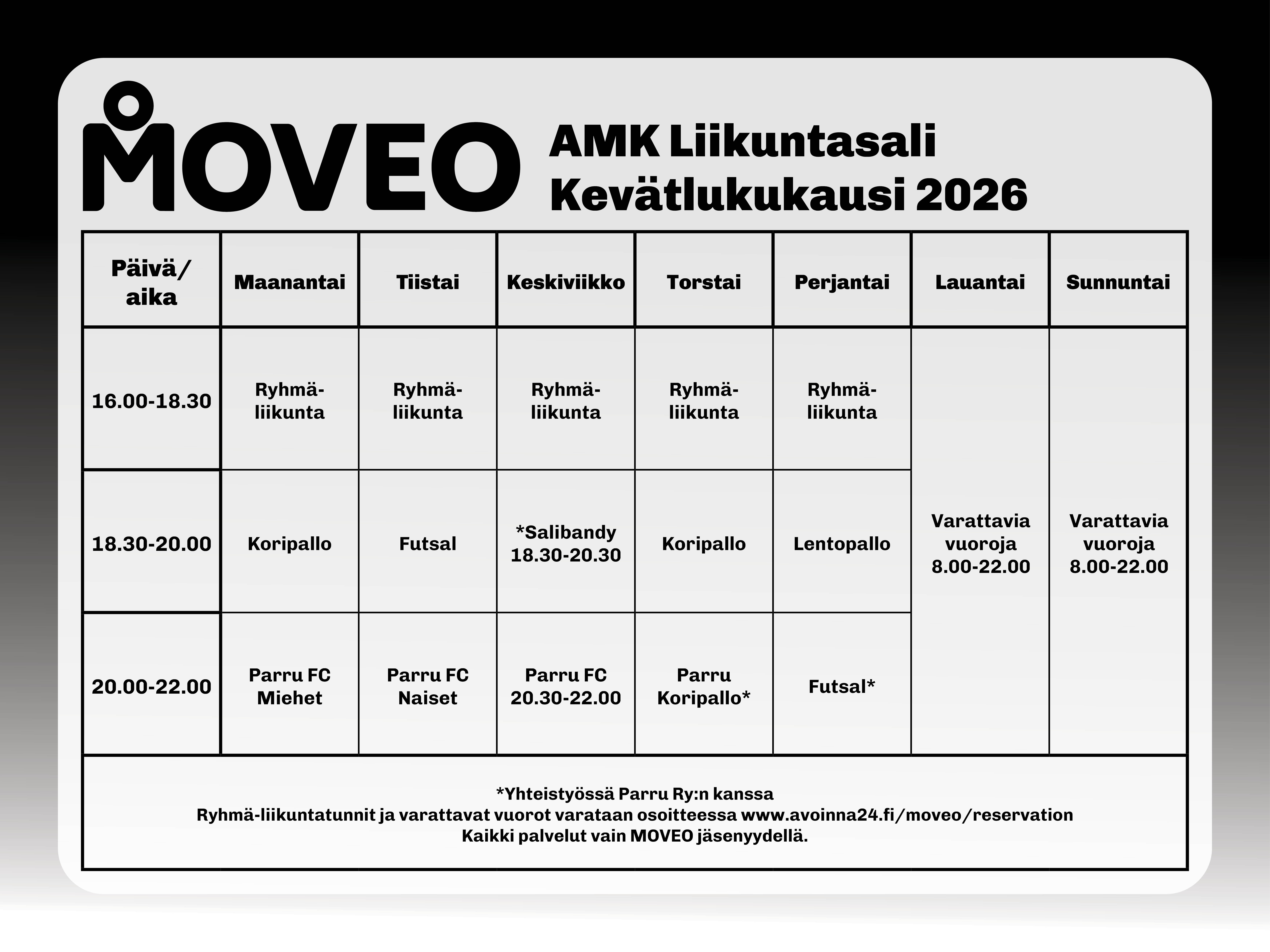 MOVEO pallovuorokalenterit kevät 2026