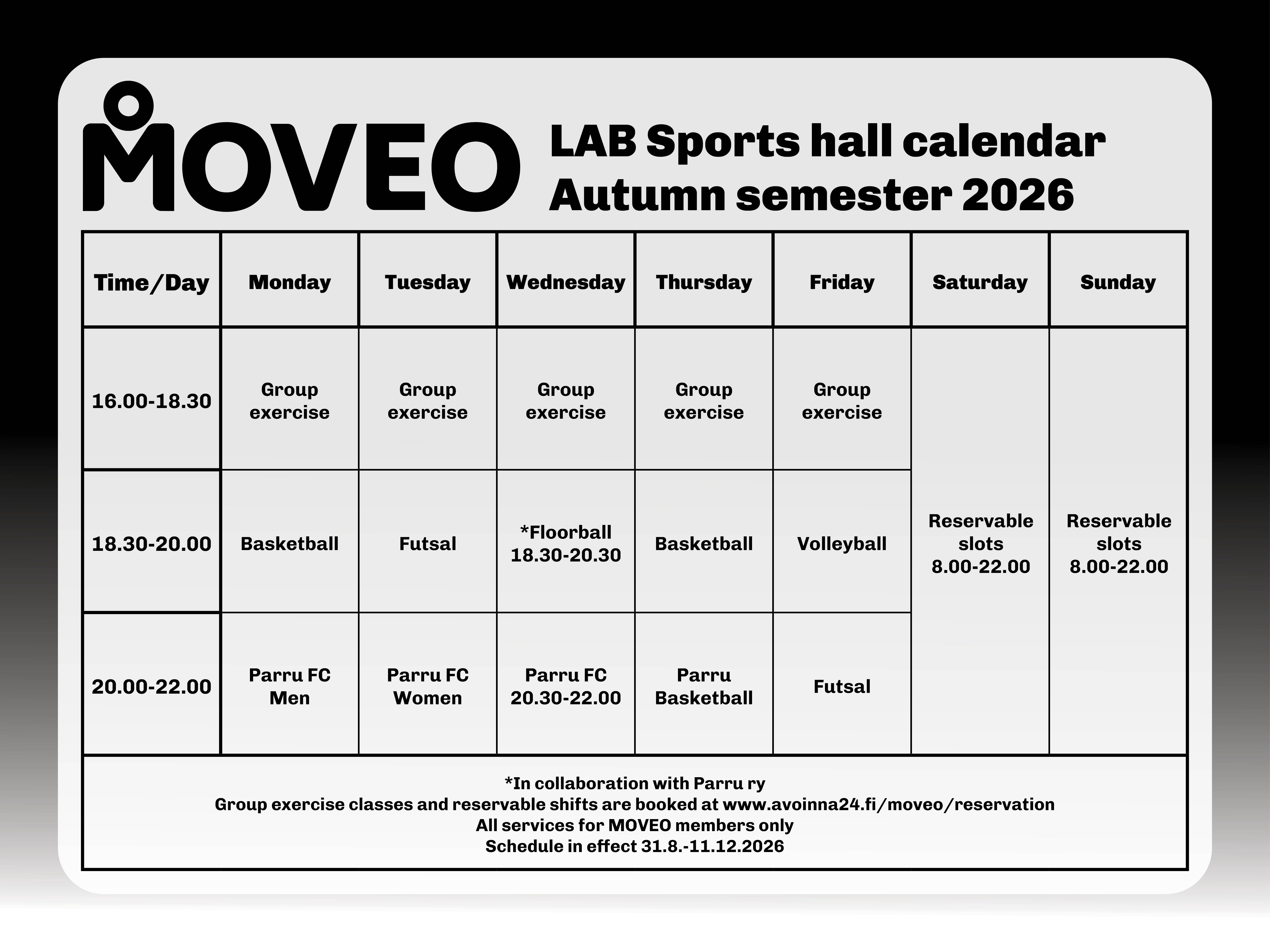 LAB Sports hall schedule for autumn 2026