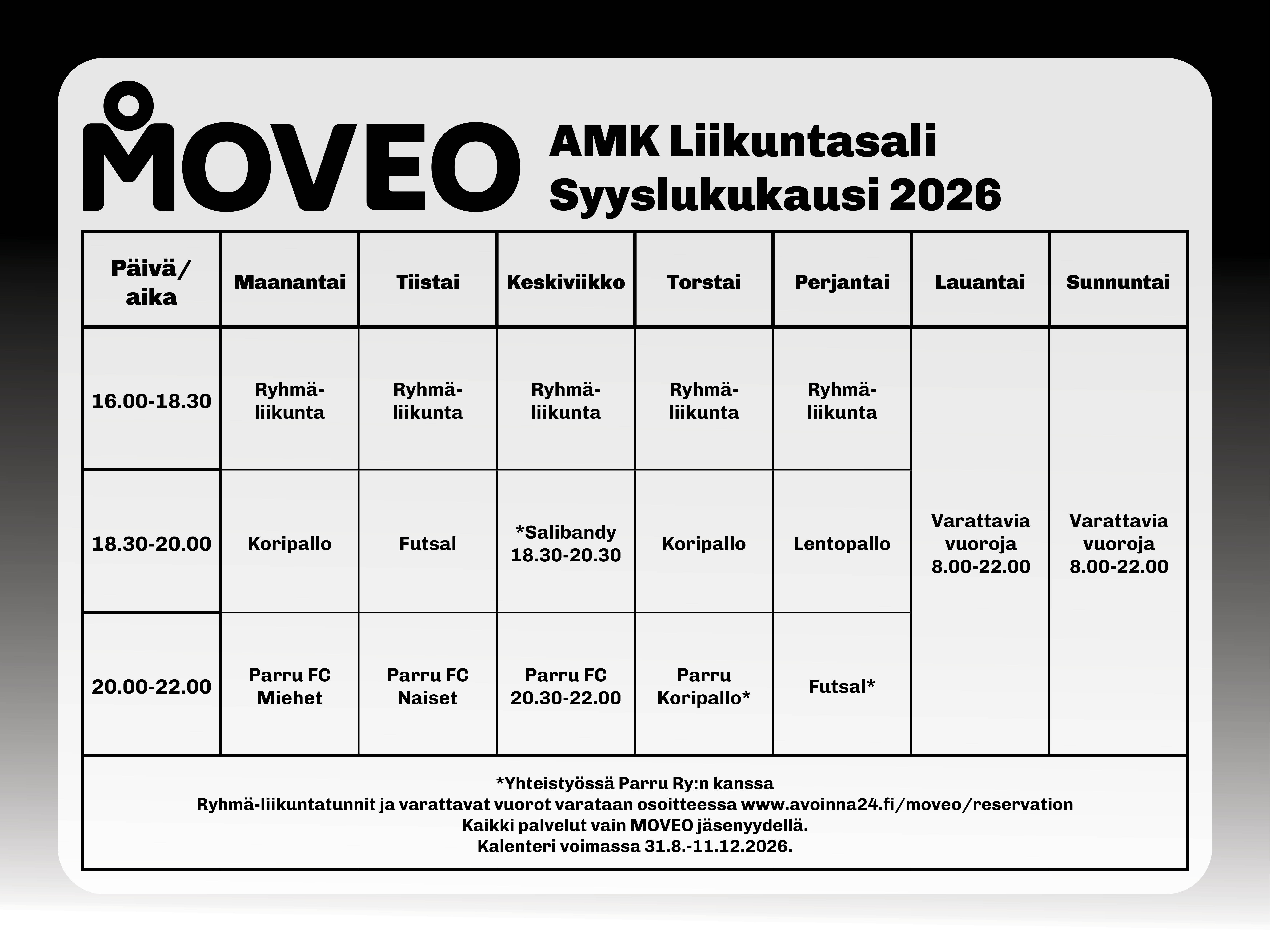 Amk-liikuntasalin kalenteri syksy 2026