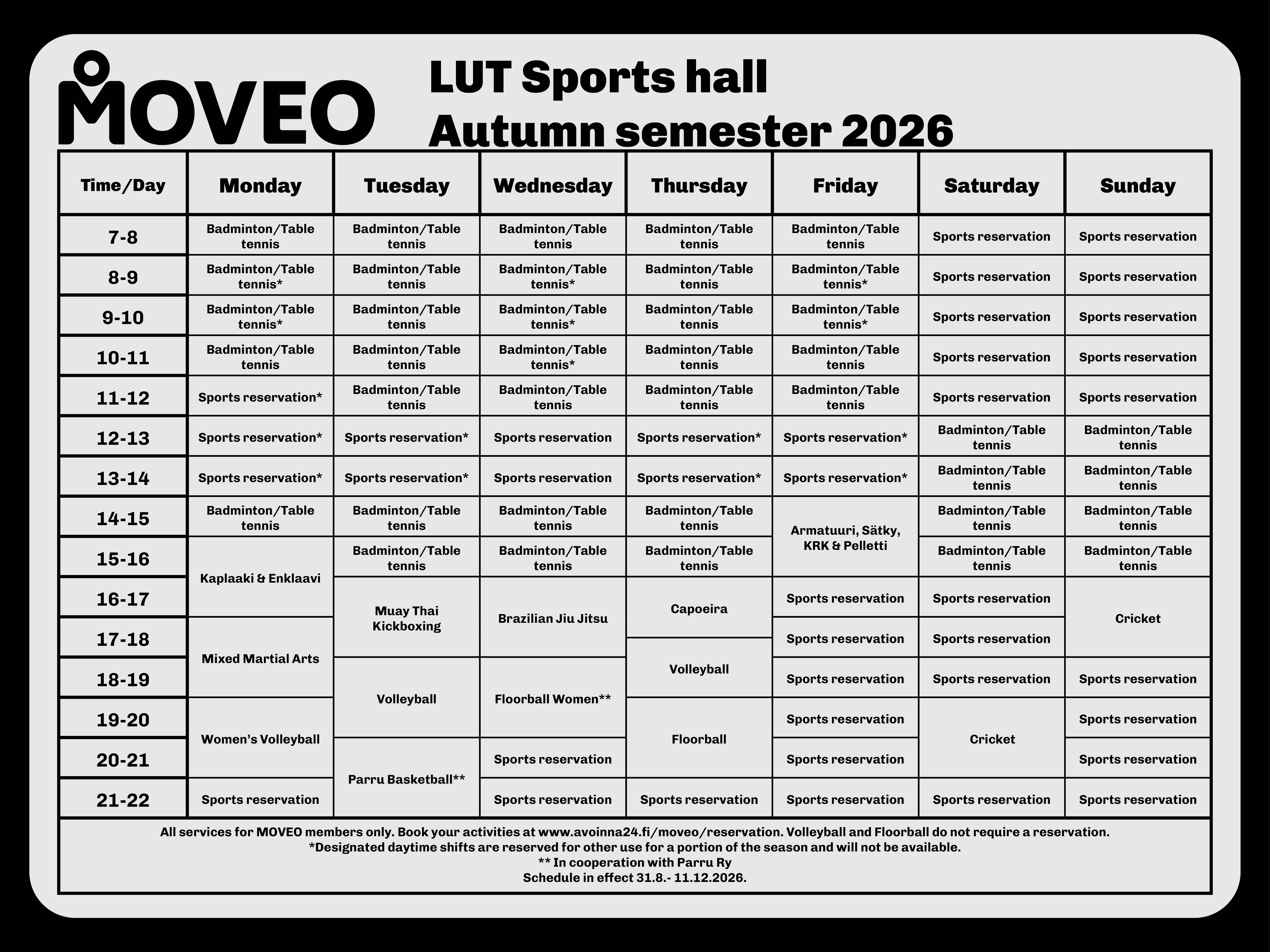 LUT Sports hall schedule autumn 2026