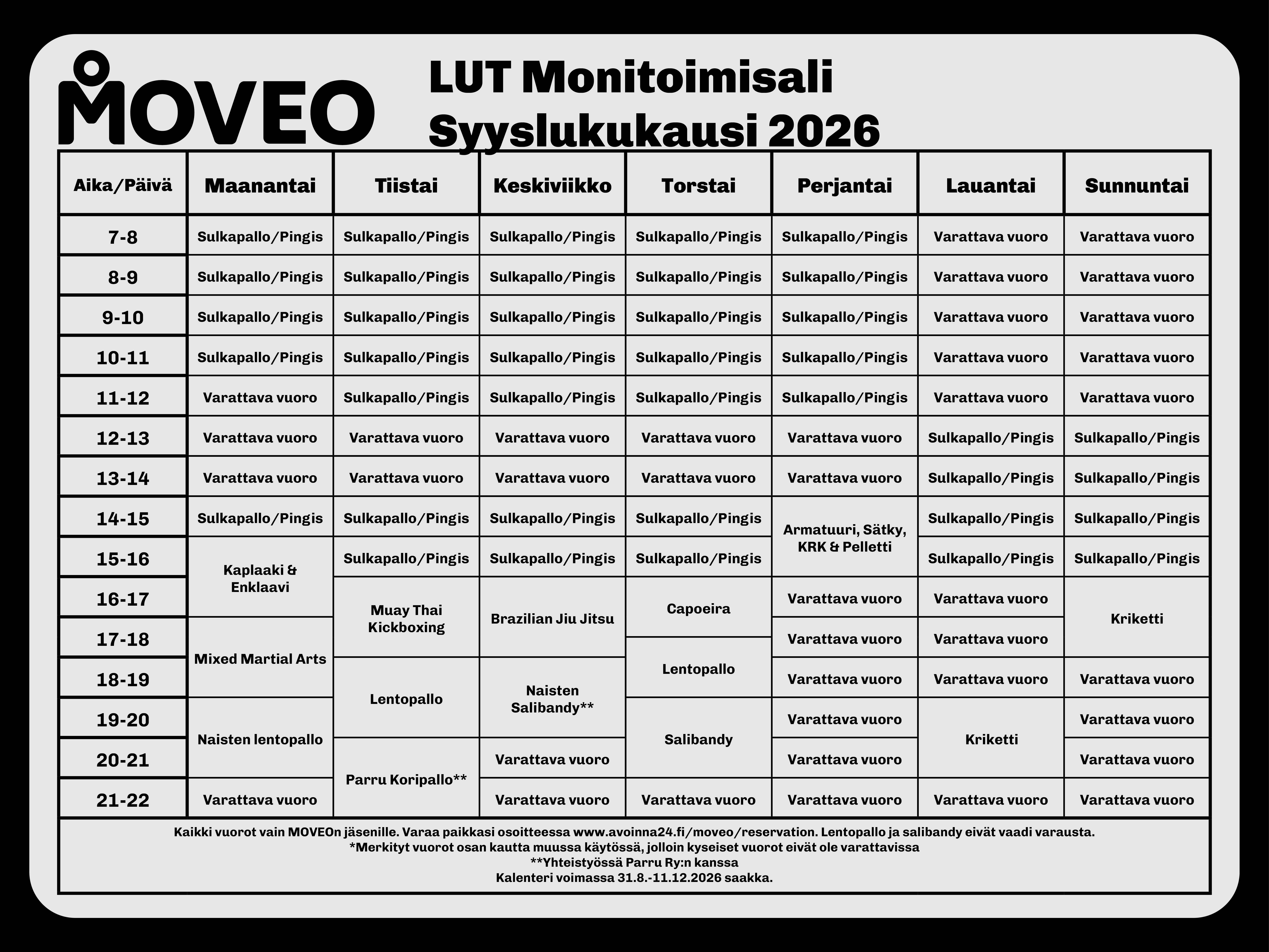 LUT Monitoimisalin kalenteri syksy 2026