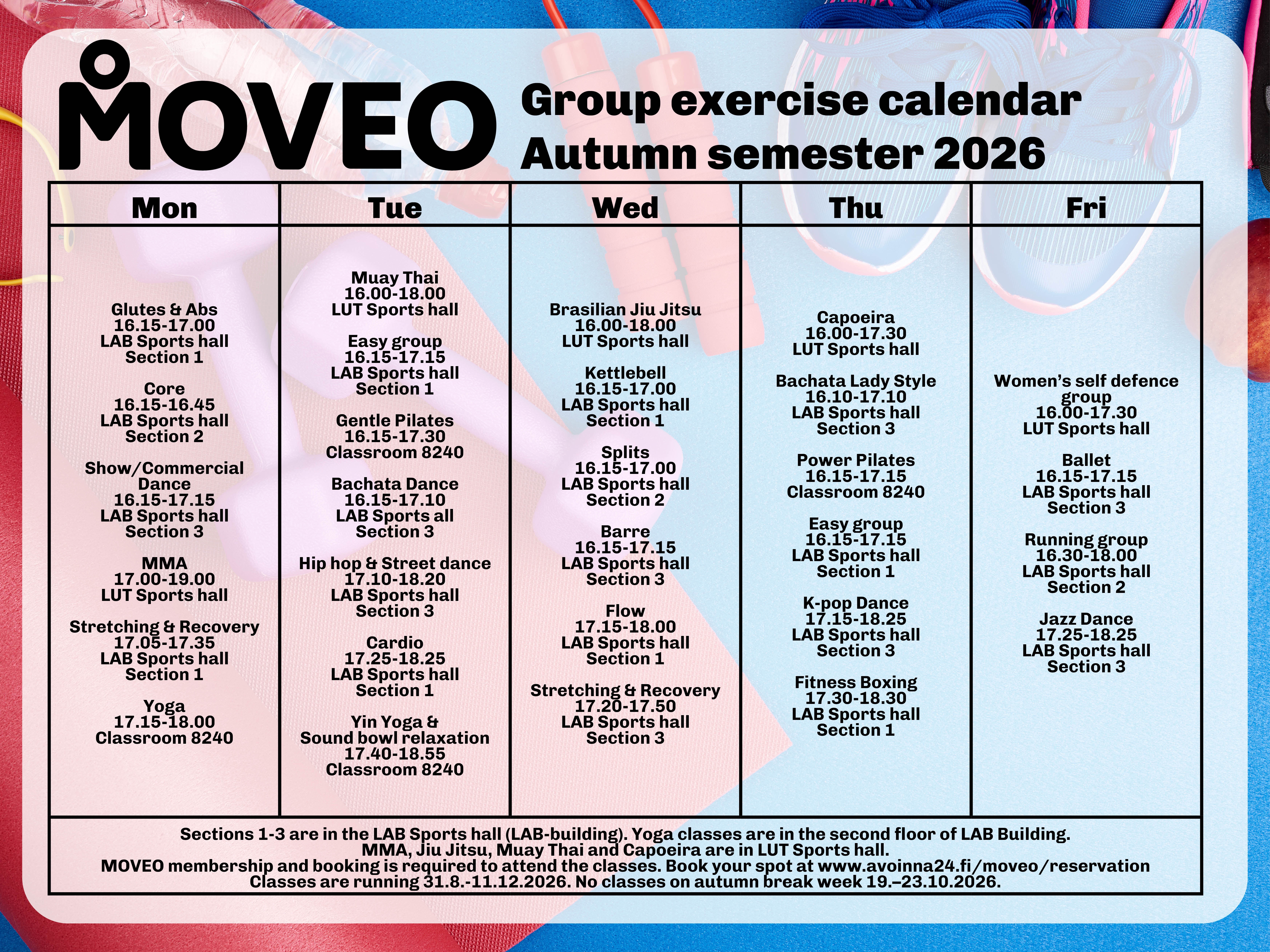 Moveo group exercise schedule autumn 2026