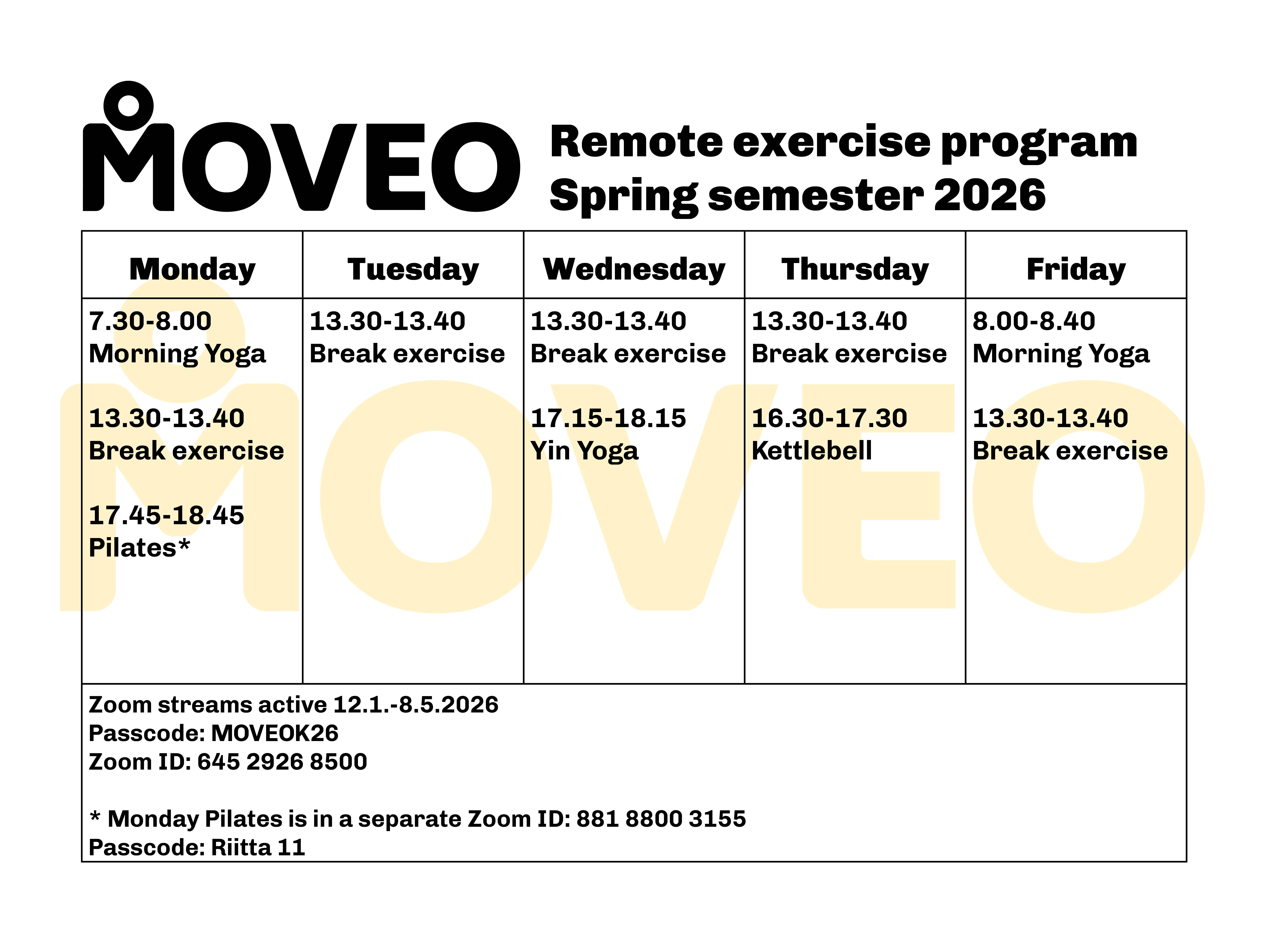 MOVEO remote exercise calendar spring 2026