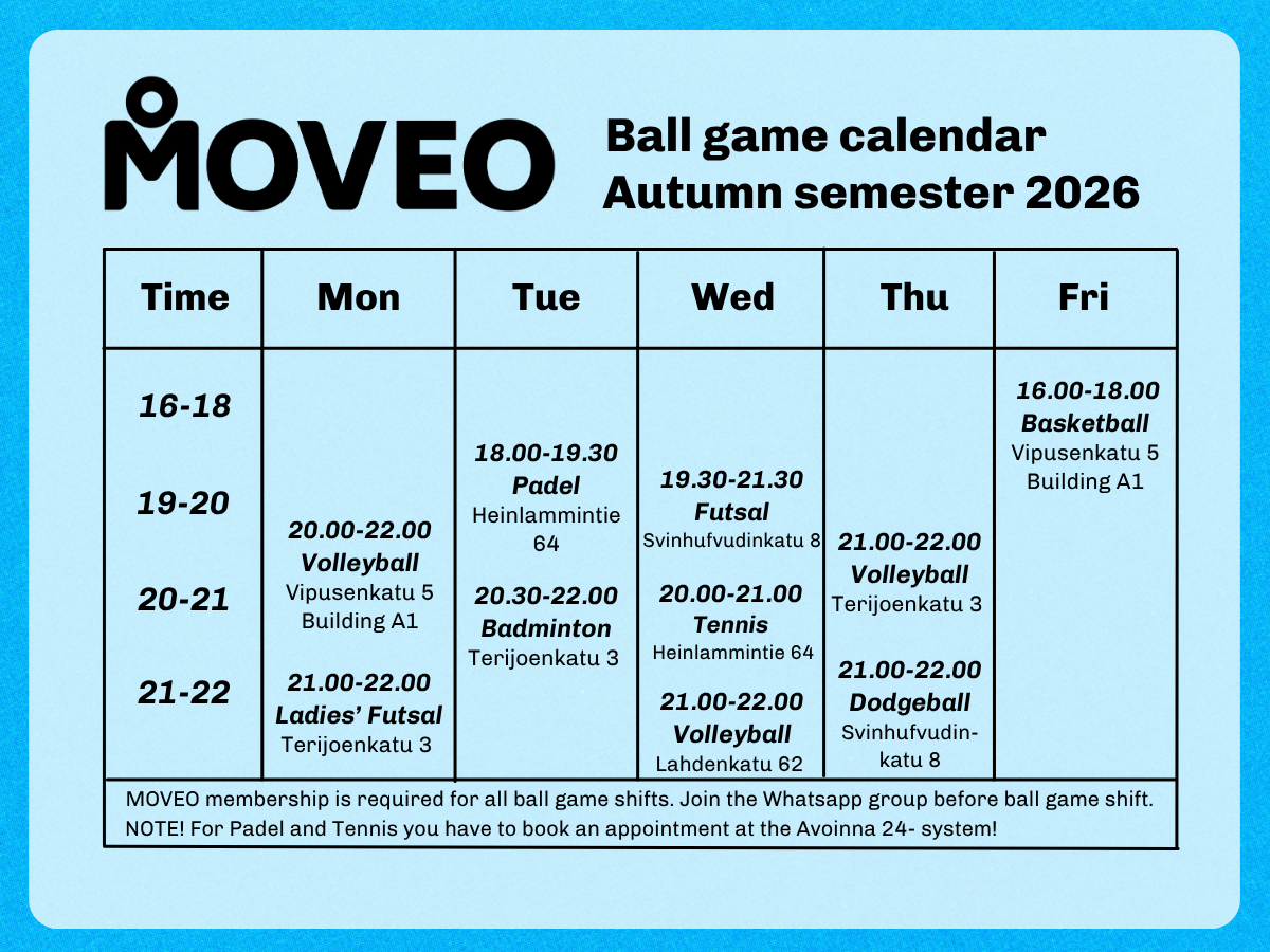 Ball game calendar autumn semester 2026 MOVEO