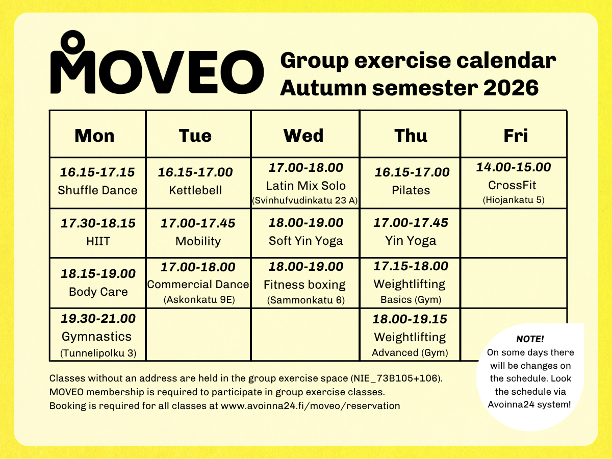 Group exercise calendar autumn semester 2026