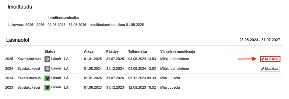 ilmoittautumisen muokkaaminen