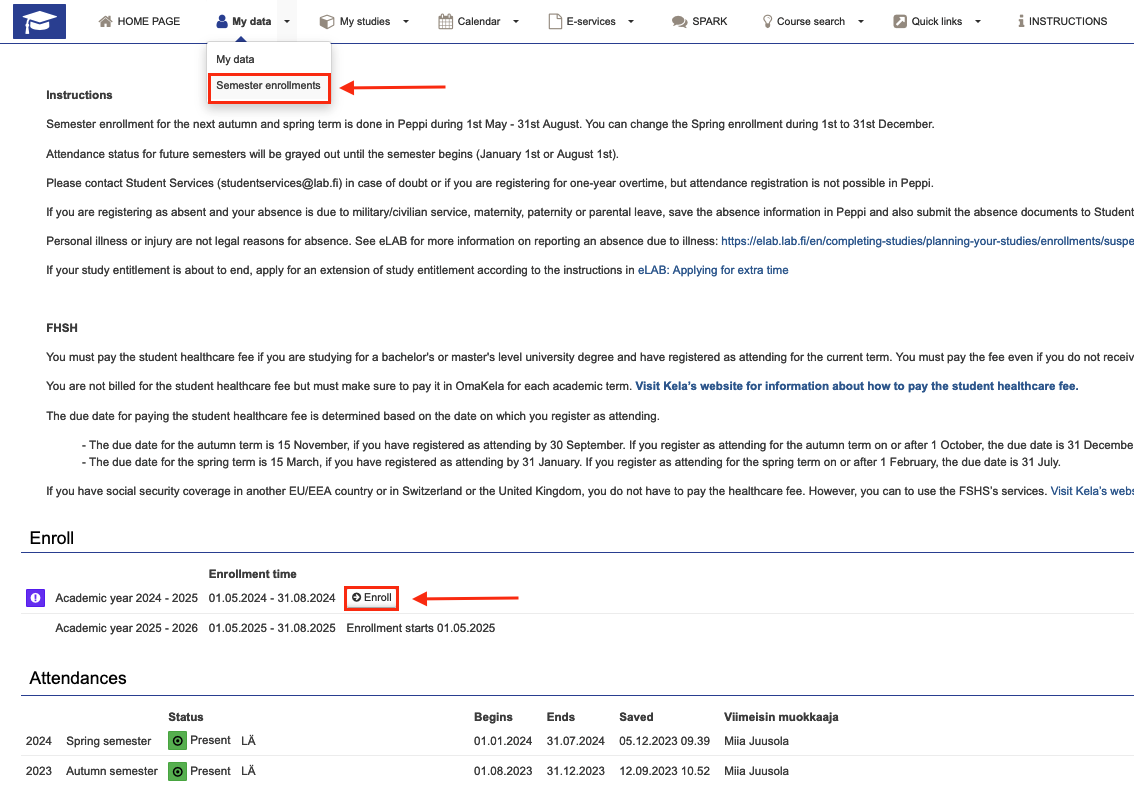 semester enrollments