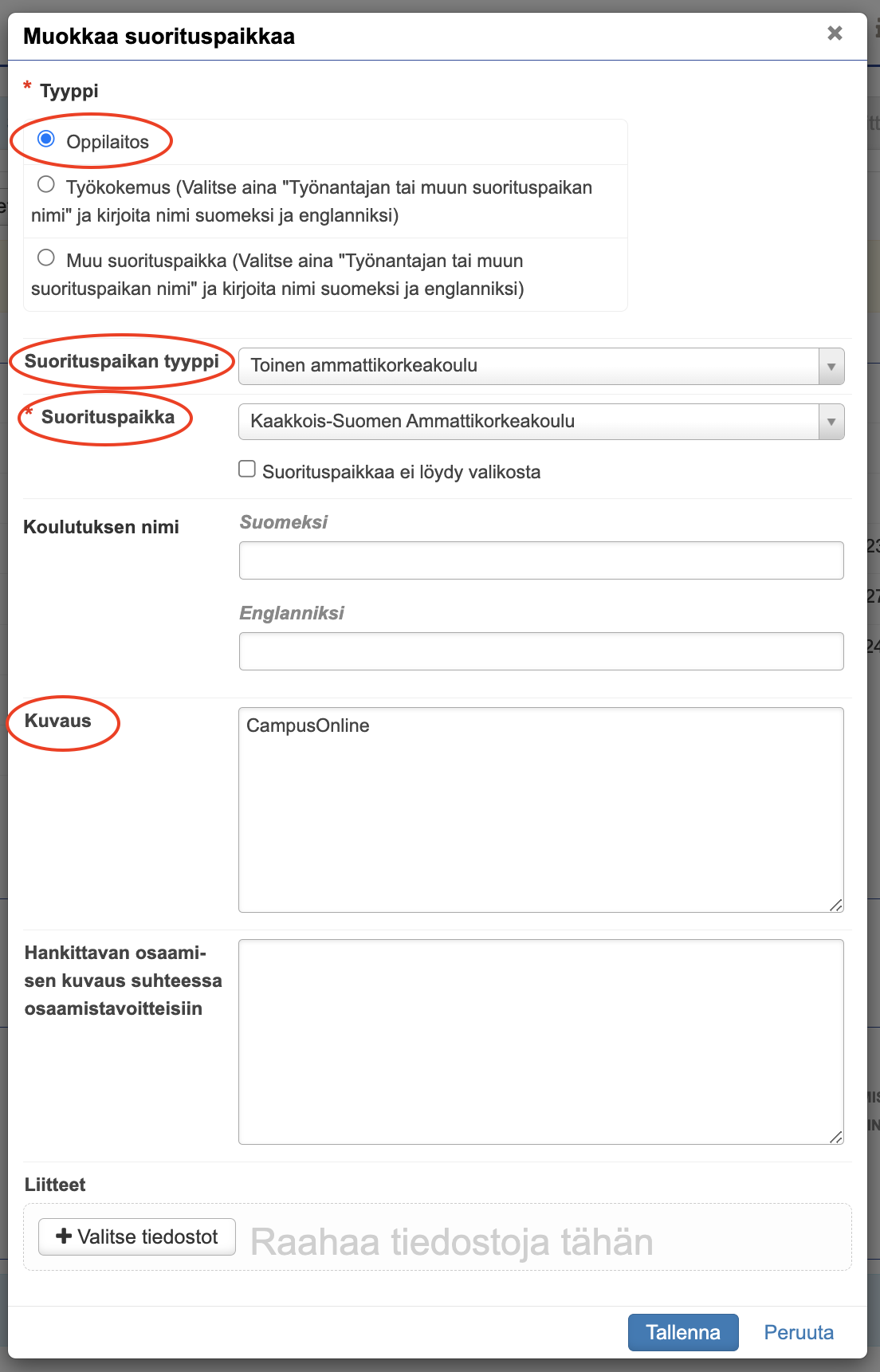 Suorituspaikan tiedot