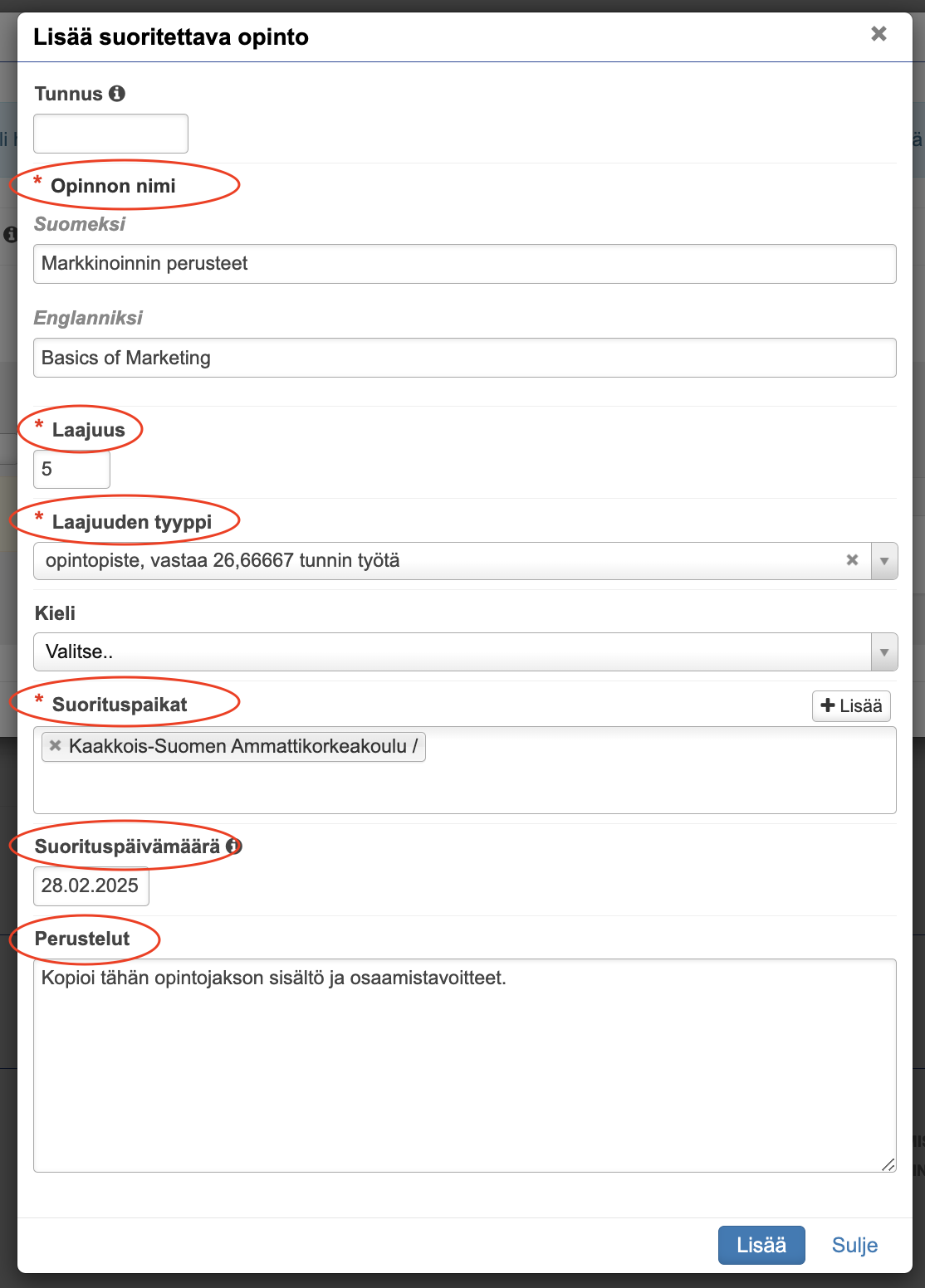 Lisää suoritettava opinto