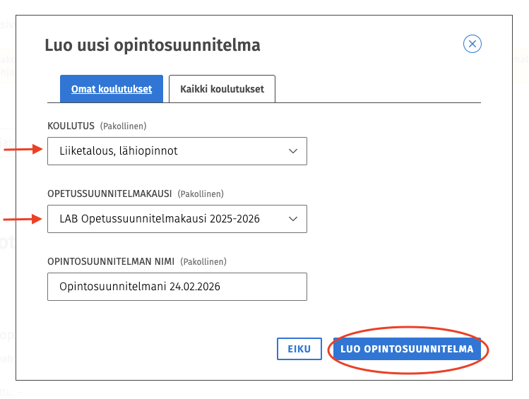 Luo uusi opintosuunnitelma