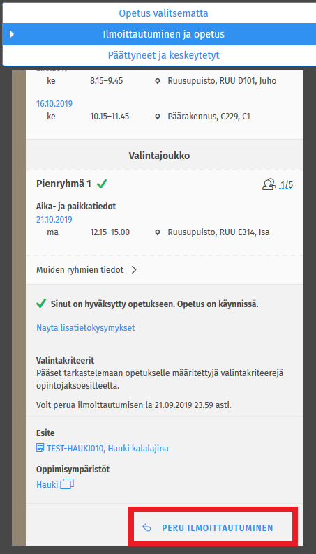 Ilmoittautumisen peruminen Sisussa