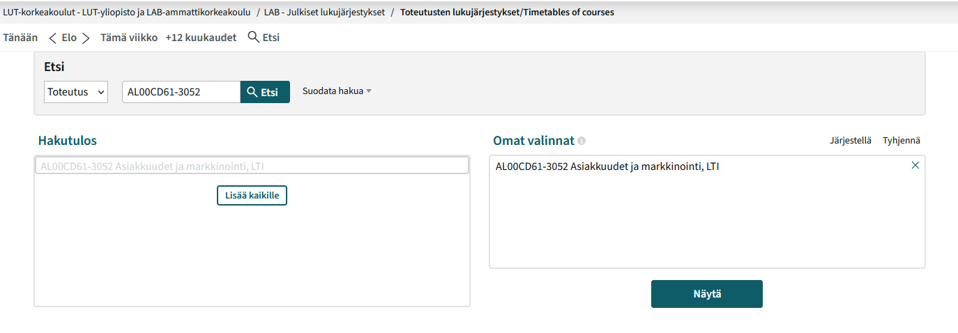 Toteutuksen aikataulujen haku