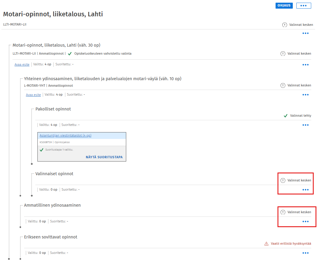 Motari-opintojen rakenne